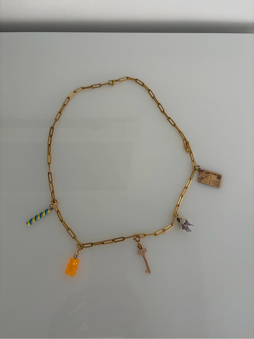 Lingua Franca 25” Gold-Tone Paperclip Charm Necklace | Gummy Bear, Key, Candy &